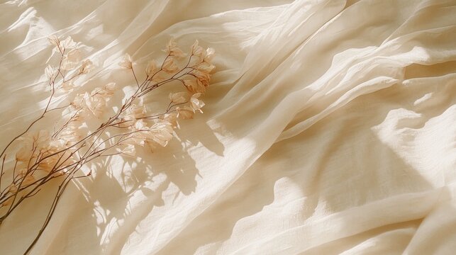 Dried flowers on beige fabric with sunlight.