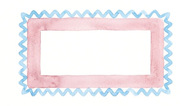 Watercolor painted rectangular frame with a pink inner border and a light blue zigzag outer edge, isolated on white background.