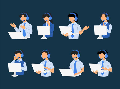 A collection of call center customer service characters wearing headsets and using computers during customer support interactions. Vector illustration