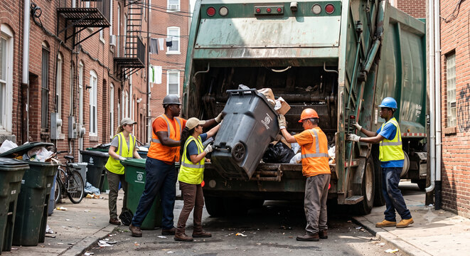 Diverse sanitation workers emptying heavy bins into garbage truck.