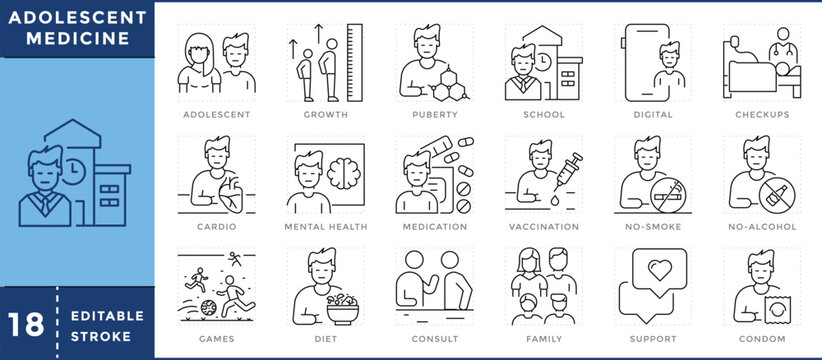 Adolescent medicine icons set. Teen, growth, school, medication, wellness, diet, safety, consult, and many more. Vector editable stroke.