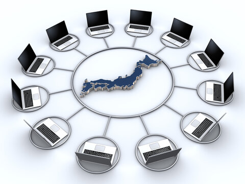 日本地図とノートパソコンのネットワーク