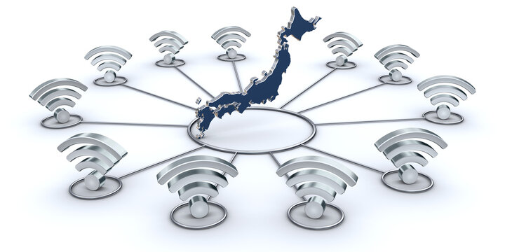 日本地図とWi-Fiアイコンのネットワーク