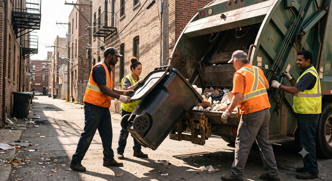 Diverse sanitation workers emptying heavy bins into garbage truck.