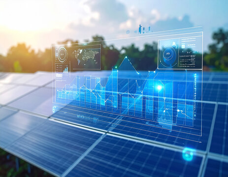 futuristic solar panel farm with holographic data analytics screen displaying power generation charts