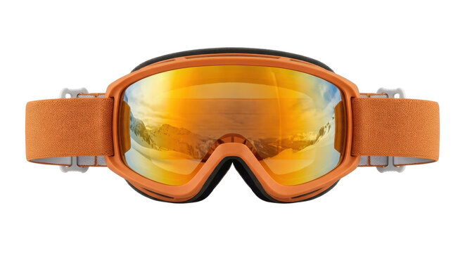 Close-up front view of orange ski goggles with mirrored orange lenses reflecting a snowy mountain landscape, isolated on a white background.