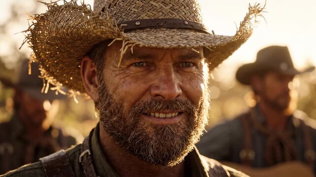 Smiling cowboy wearing straw hat at sunset