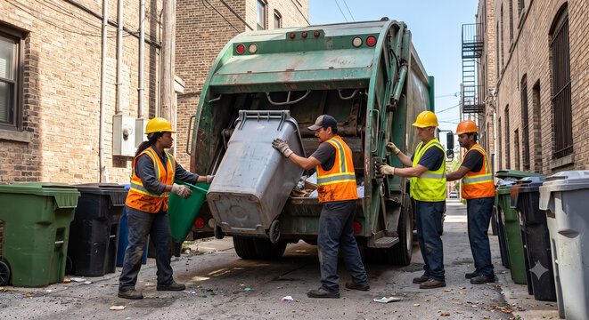 Diverse sanitation workers emptying heavy bins into garbage truck.