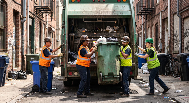 Diverse sanitation workers emptying heavy bins into garbage truck.