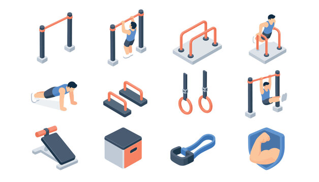 Colorful isometric gym equipment and exercise icons set.