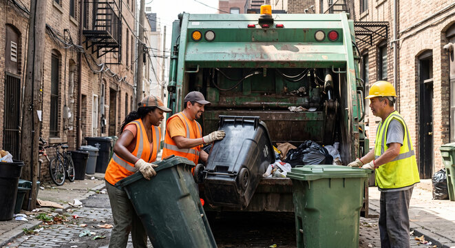 Diverse sanitation workers emptying heavy bins into garbage truck.