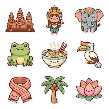 Kawaii Cambodian cultural icon set featuring Angkor Wat, Apsara dancer, elephant, frog, noodle soup, hornbill bird, krama scarf, palm tree, and lotus in a flat vector style.