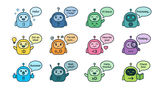 Colorful chatbot speech bubbles with robot faces.