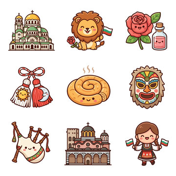 Kawaii Bulgaria travel sticker set with Alexander Nevsky Cathedral, lion holding flag, rose oil, martenitsa tassels, banitsa, kukeri mask, gaida bagpipe, and girl in traditional folk dress.