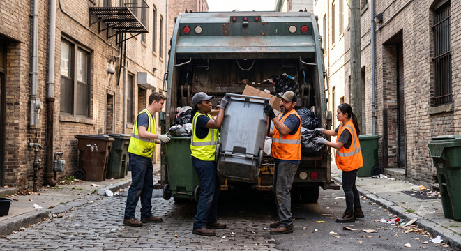 Diverse sanitation workers emptying heavy bins into garbage truck.