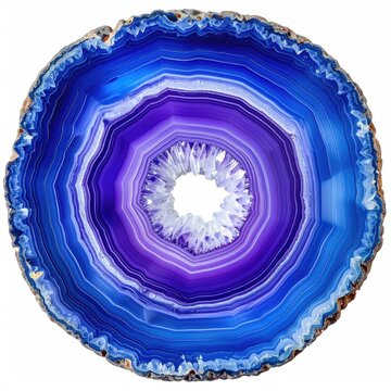 Sliced agate with concentric rings of blue, purple, and white crystals