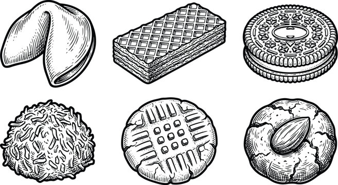 Vintage engraved assorted cookie and sweet snack collection isolated on white background