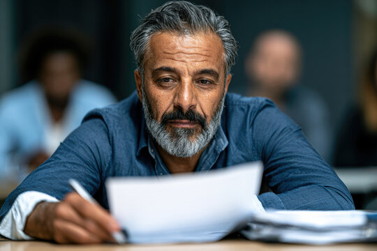 A focused middle-aged man with gray hair and beard reviews documents intently at a desk, suggesting concentration and work in a professional or academic setting.