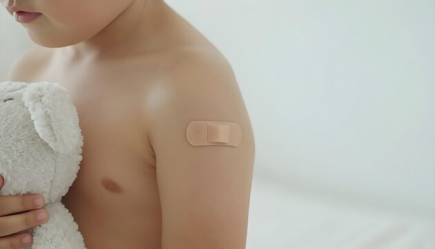 A child with a bandaged arm holds a teddy bear, symbolizing the importance of immunization and wellness checkups