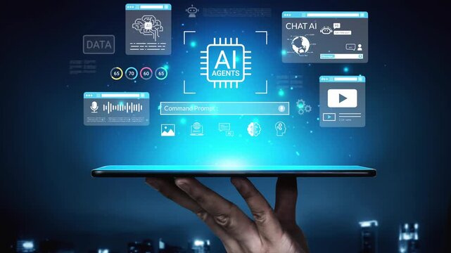 Digital representation of artificial intelligence agents with data analytics and communication interfaces on a futuristic tablet in a dark cityscape background Gluon.