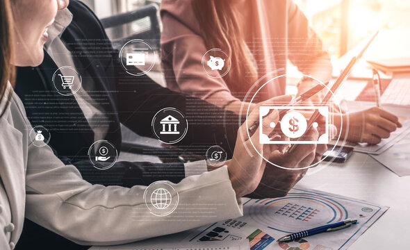 A fintech concept showing a network of digital banking services. This includes secure online payments, global transactions, and e-commerce for the modern financial system. Fermion
