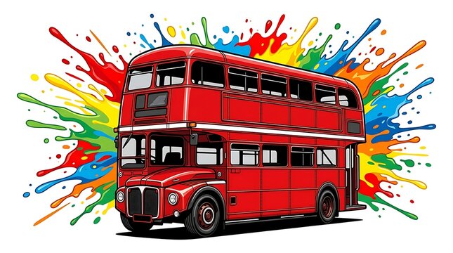 Vibrant red double-decker bus in motion with colorful splashes. Iconic urban transport illustration with dynamic paint explosion effect.