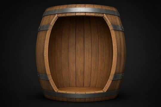 Cross-section of a wooden barrel with metal hoops against a dark background.