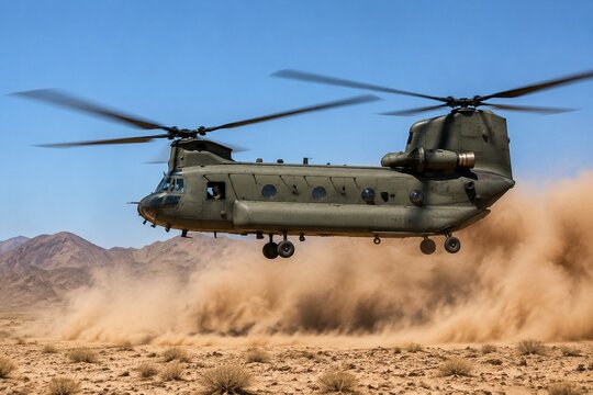 A military helicopter hovering in a desert, rotor downwash stirring up dust.