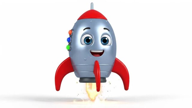 Animated rocket character launching with a happy smile