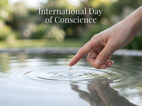 Person touching water to create gentle ripples for international day of conscience concept
