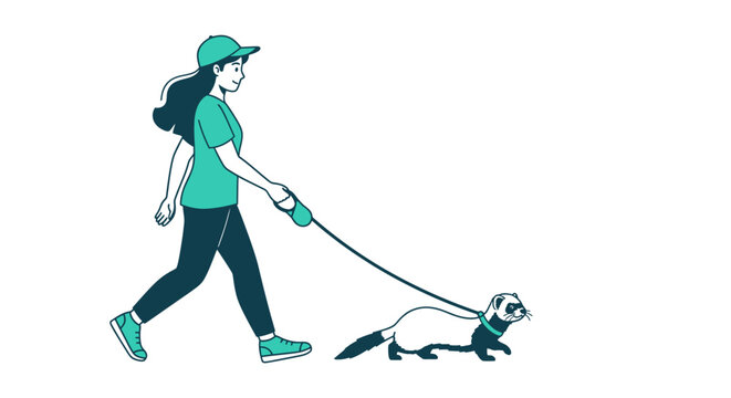 Woman walking pet ferret on a leash illustration