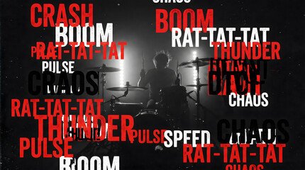 Fototapeta premium Silhouette of an energetic drummer on stage with dynamic rock music sound words and typography.