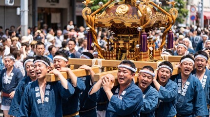 Obraz premium Group of Japanese men carrying a portable Shinto shrine mikoshi during a traditional summer festival in Japan