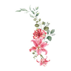 Minimalist watercolor illustration of lilium Sorbonne and lilium chalcedonicum framed by green leaves © momosama