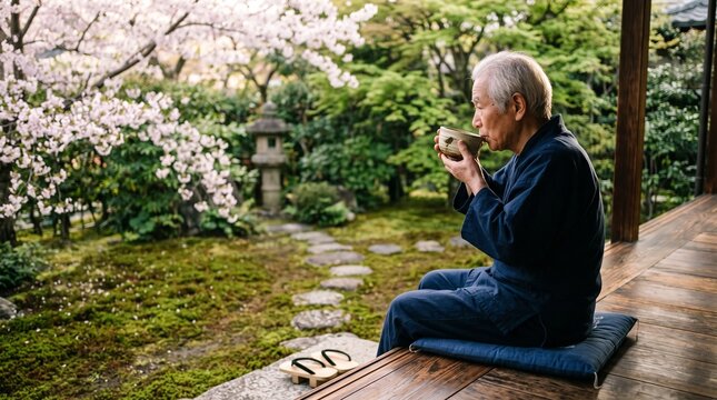 Senior Japanese man in kimono drinking tea in a traditional zen garden with cherry blossoms