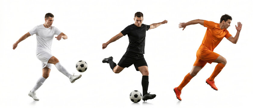 Collection of three male soccer players in isolated action poses on white background