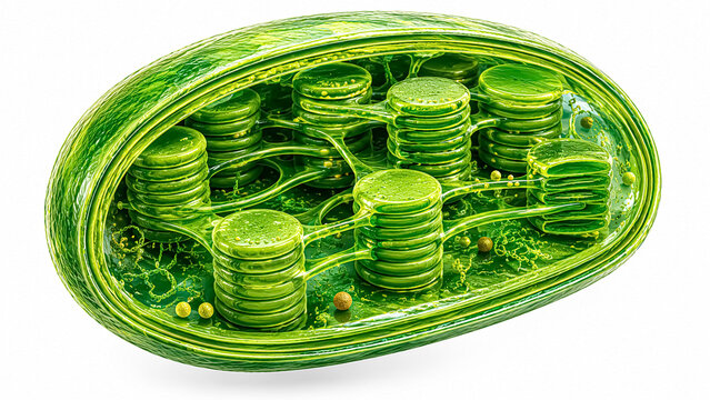 Internal structure of chloroplast with grana and stroma lamellae, 3D scientific illustration