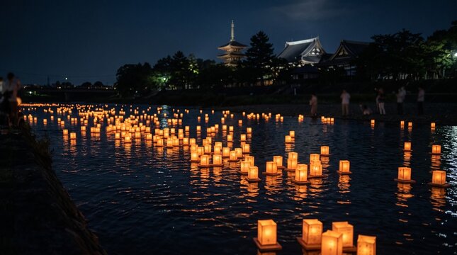 Floating lanterns on river at night in Nara Japan during Toro Nagashi memorial ceremony