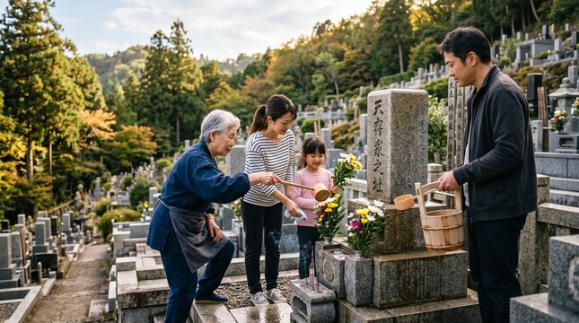 Three generations of a Japanese family visiting a cemetery for traditional grave cleaning and honoring ancestors