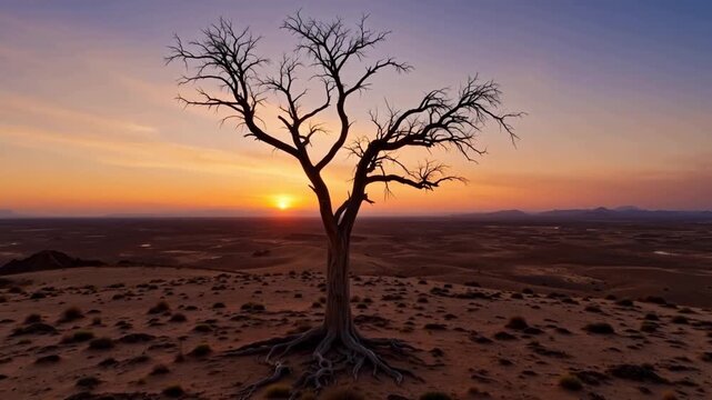 Silhouetted dead tree in desert at sunset with vibrant sky and distant mountains
