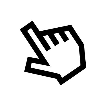 Black pixelated hand cursor icon pointing diagonally up-left with an index finger, isolated on a transparent background.