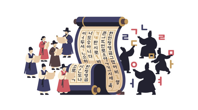 Korean Hangul Day Celebration with Traditional Scholars and Scroll