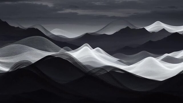 Abstract animated landscape with flowing mountain waves under a dark cloudy sky