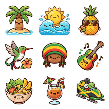 Set of nine kawaii Jamaica themed stickers including a palm tree, ocean waves, pineapple, hummingbird, Rastafarian character, reggae guitar, tropical food, cocktail, and bobsled on white background.