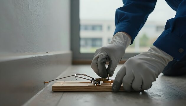 A gloved hand carefully sets a wooden mousetrap on the floor near a wall to catch rodents.