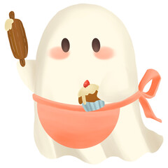 Cute little ghost baker holding a rolling pin and cupcake.