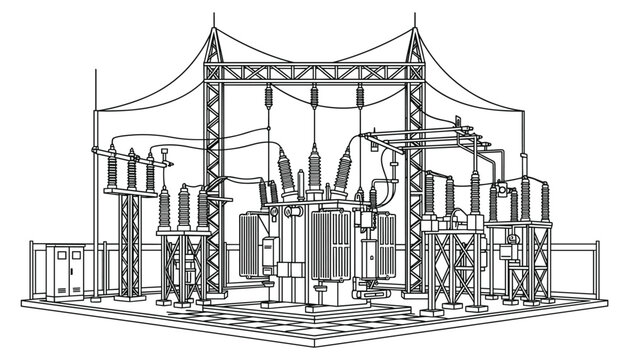 Electric power substation vector illustration of high voltage transformer equipment and structure.