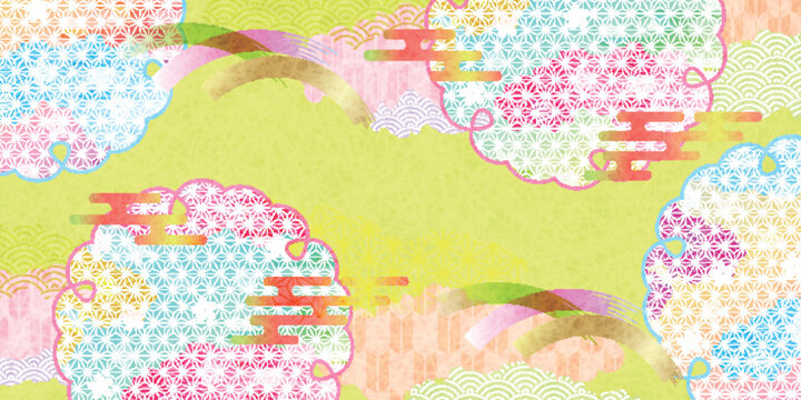 Colorful Japanese Style Floral Background with Traditional Clouds and Patterns