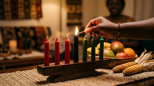 Hand using a match to light the central black candle on a wooden Kinara holder with red and green candles. Festive Kwanzaa holiday celebration setup with ears of corn and fruits.