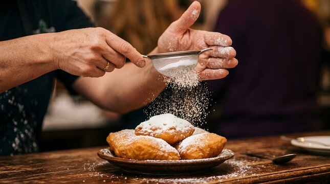 Action shot of baker hands sifting powdered sugar through a mesh strainer onto fresh golden fried beignets on a plate. Delicious French pastry or New Orleans dessert preparation.